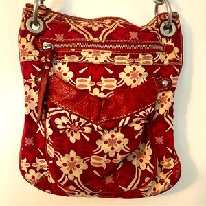 Fossil Crossbody 10”x11” Red Floral Leather Canvas Bag